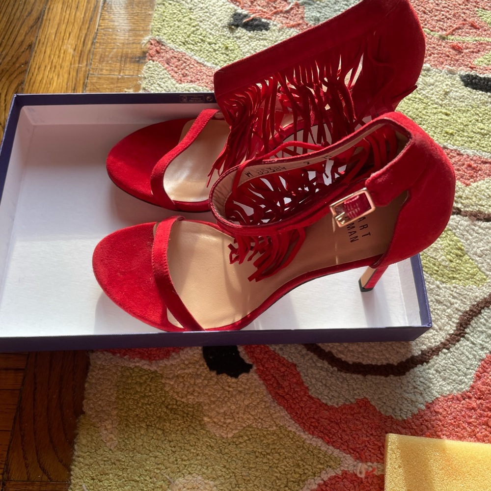 New-Stuart Weitzman Red Suede Heels with Ankle Strap